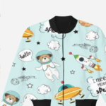 Space Adventure Kids Bomber Jacket – Cute Astronaut & UFO Print.